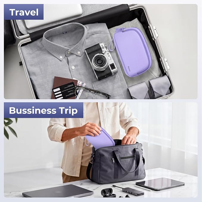 Skycase Travel Cable Organizer - Lightweight Water Resistant Dual-Layer Tech Pouch with Wrist Strap 9 Compartments Electronic Organizer Travel Case for Charger Cord Hard Drive,Small,Purple