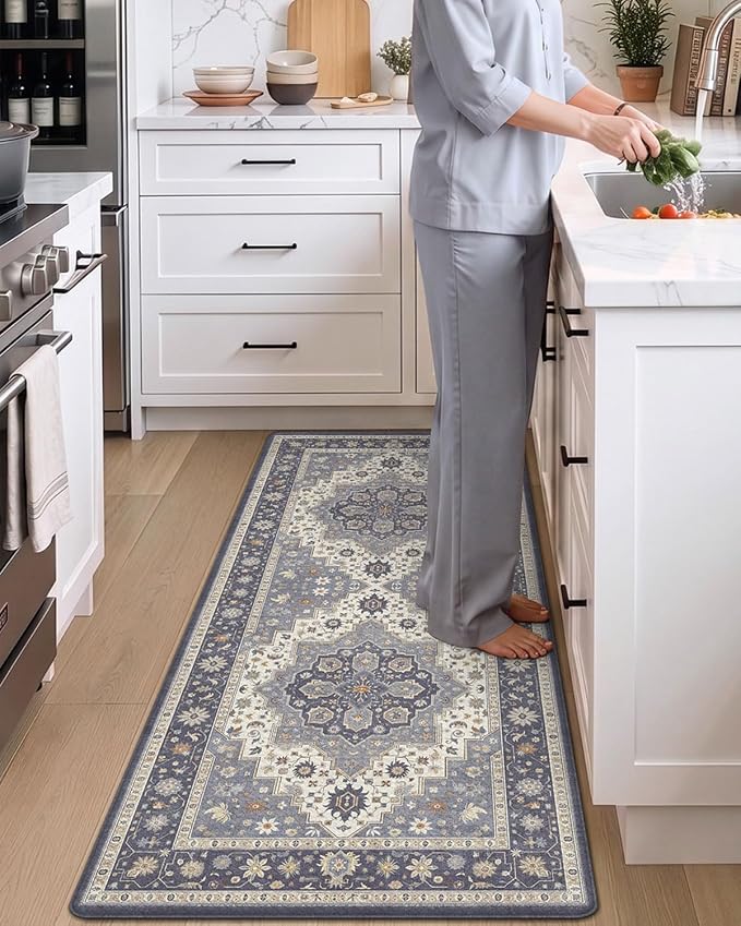 DEXI Kitchen Floor Mats Anti Fatigue, 23x107 Large Long Cushioned Vintage Runner Rug Waterproof, Standing Comfort Memory Foam Padded for Front Sink Laundry Office, Dark Grey