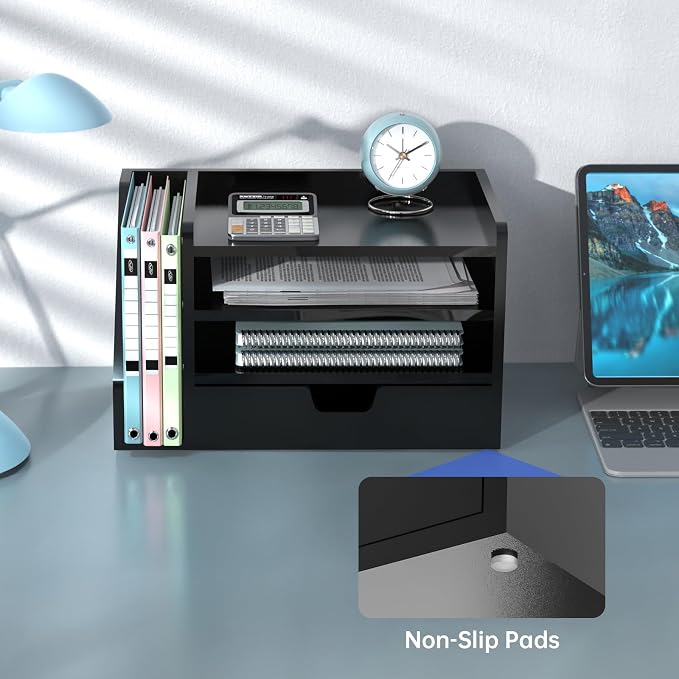 Multi-Tier Wood Desk File Organizer, 3 Tray Shelves & Adjustable Drawer - Space-Efficient Design for Efficient Office Setup, Reduces Desk Clutter (Black)