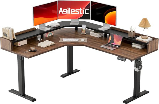 Agilestic L Shaped Standing Desk, Adjustable Height Corner Gaming Desk with Shelf, Sit Stand Up Desk, 63 x 55 Inch Home Office Computer Table, Dark Walnut