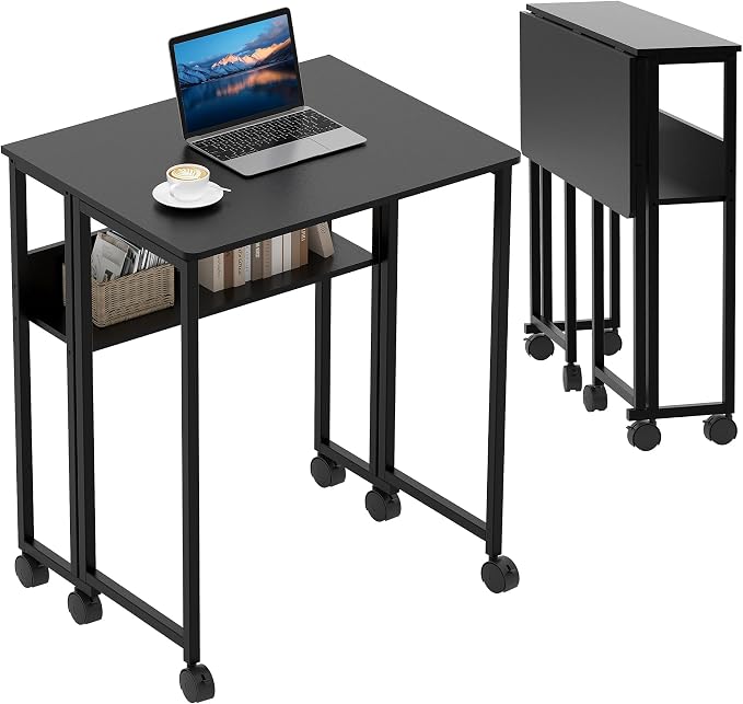 Garvee Folding Desk Small Rolling Desk with Storage Shelf,24.8 Inch Foldable Computer Table for Small Spaces, Space Saving Sofa Table with Wheels for Home Office, Study, Easy Assembly, Black