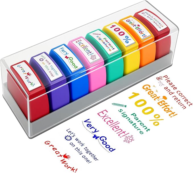 Teacher Stamps for Classroom Grading Parent Signature Self-Inking Stamp Set for Teachers Appreciation Gifts for Women with Motivational Encouraging Back to School Homeschool & Teacher Supplies (8Pcs)