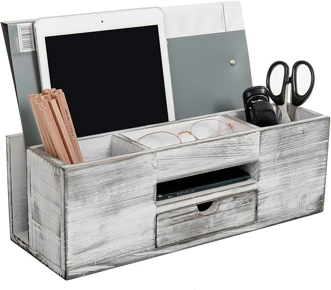 Liry Products Whitewashed Wooden Desktop Organizer Multiple Compartments Rack Shelf Drawer Tabletop Wood Storage Cabinet Office Supplies Caddy Document Stationery Holder Accessory Sorter Vanity Home