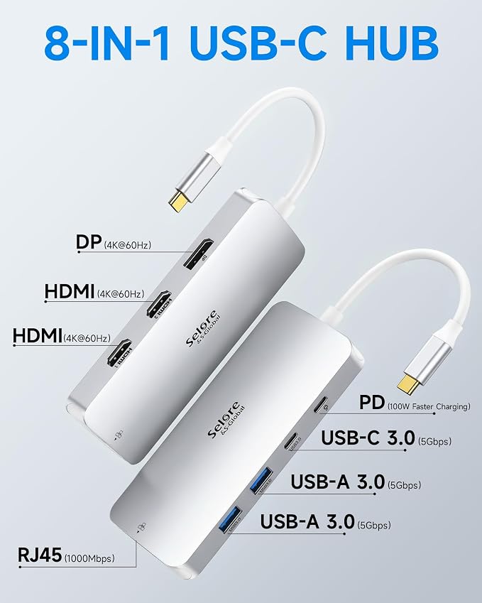 USB C Docking Station Dual Monitor, Selore Docking Station 3 Monitors Triple 4K Display with 2 HDMI, DisplayPort, 1 Gbps Ethernet, 100W PD Charging, USB 3.0 Ports Adapter for Dell, HP, etc(Silver)