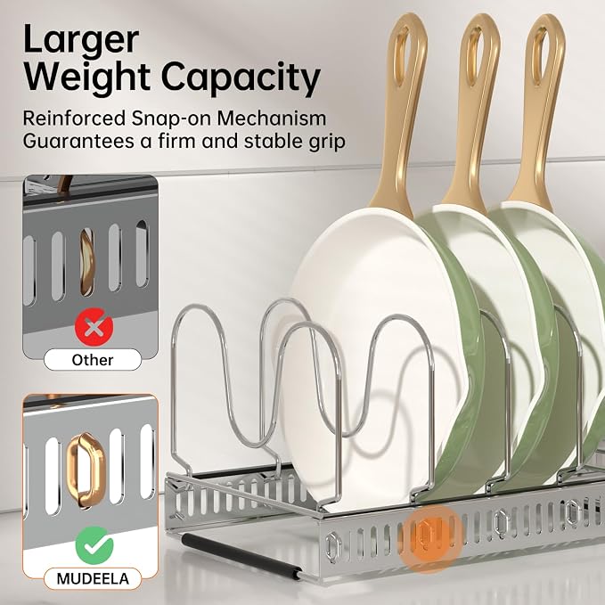 MUDEELA Expandable Pot Pan Lid Organizers inside Cabinet, 10 Divider-Silver | Expandable 11.8–22.9", 10 Adjustable Divider, Tool-Free Assembly, Non-Slip, Scratch-Proof, For Pan Lid Cutting Board Bakeware