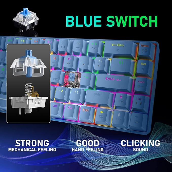 65% Wired Gaming Mechanical Keyboard and Mouse Combo, Mini 68 Keys, RGB Backlight, Lightweight RGB Optical Mouse,Mouse Pad Compatible with PS4,Xbox,PC,Laptop,MAC (Blue/Blue Switch)