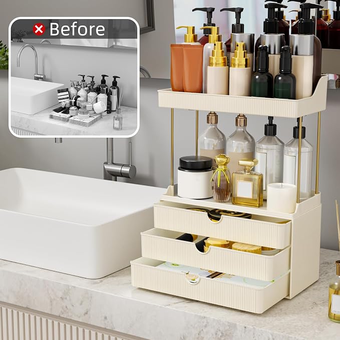 StorBin Arcylic 5-Tier Makeup & Skincare Organizer for Vanity, Bath | Smooth 3 drawers, clear body, gold frame, non-slip, for perfumes, serums, face masks, palettes, vanity & bath counter,white