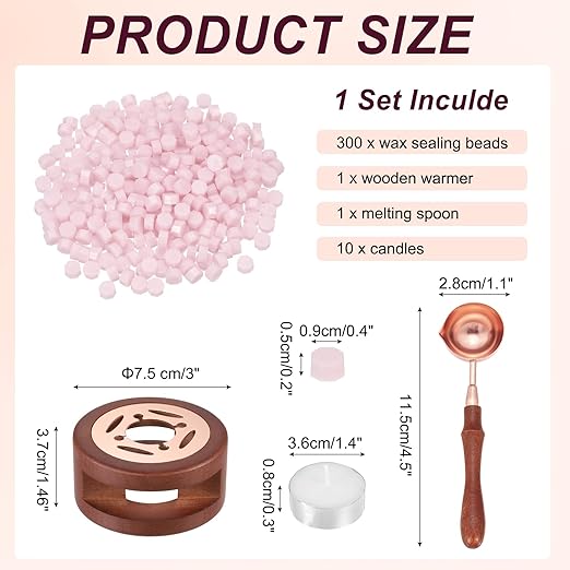 PATIKIL Wax Seal Kit, 300 Pcs Wax Sealing Beads, Wooden Warmer, Melted Spoon, 10 Pcs Tealight Candles for Envelope Letter Mailing Crafts DIY, Clear Pink