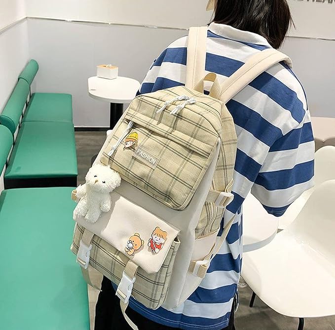 Aobiono 5Pcs Kawaii Plaid Backpack Set Aesthetic Preppy Cute Check with Pins Bear Pendant Light Academia School Supplies Kit