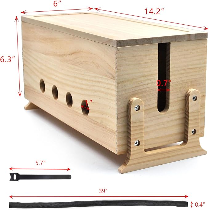 Large Wood Cable Management Box, Natural Cord Organizer 14.2" | Hides power strips & TV wires, 14.2 x 6 x 6.3 inches,Ideal for home & office organization
