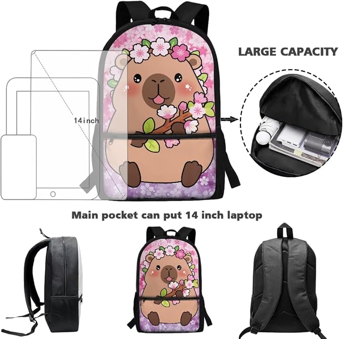 WELLFLYHOM Cute Capybara Elementary School Backpack for Girls, 4PCS Set Cherry Blossom Backpack with Lunch Box for Kids 6-11, 17 Inch Bookbag with Adjustable Strap for All Day School