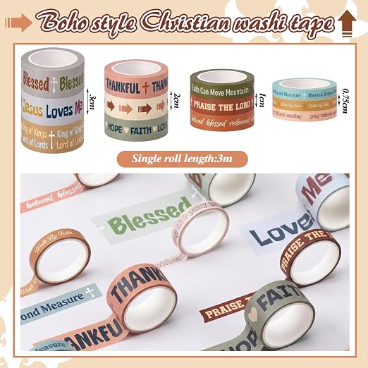 Christian Washi Tape Set 24 Rolls 12 Styles with 4 Widths (0.75cm/1cm/2cm/3cm) x 3cm Length Religious Scripture Decorative Tape for Scrapbooking Journaling Gift Wrapping Arts DIY Crafts