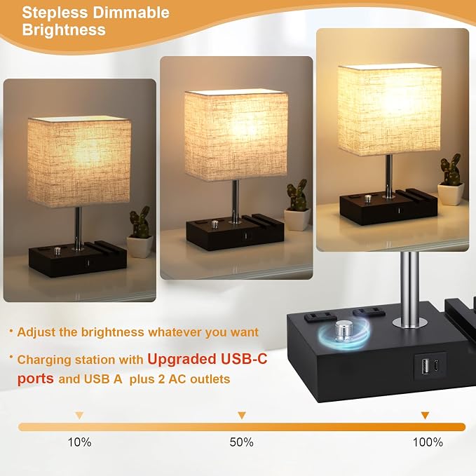 Kakanuo Table Lamp for Bedroom with Dual USB Ports, Beige Fully Dimmable Bedside Lamp with Phone Stands and 2 Charging Outlets, Desk Lamp for Nightstand and Living Room, LED Bulb Included