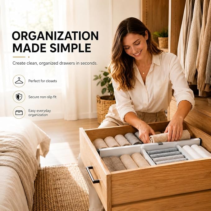 Adjustable Drawer Divider, 1 Pack, Expandable 14.7–21" Drawer Organizer with Non-Slip Ends, Easy Install for Kitchen Drawers, Dressers, Closets & Home Storage, White