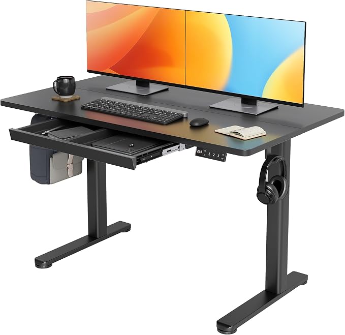 Claiks Electric Standing Desk with Drawer 48 x 24 Inch Black | Metal steel frame, supports 176 lbs, 28.35 to 46.46 inch height range, 3 memory settings, 45 dB motor