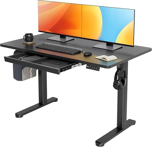 Claiks Electric Standing Desk with Drawer 48 x 24 Inch Black | Metal steel frame, supports 176 lbs, 28.35 to 46.46 inch height range, 3 memory settings, 45 dB motor