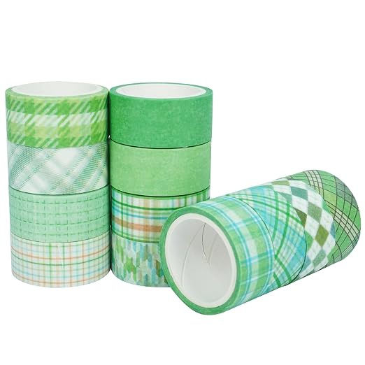 Basic Grid Washi Tape Set 12 Rolls Plaid Decorative Masking Tapes for Arts, DIY Crafts, Journals, Planners, Scrapbook, Wrapping (Green)