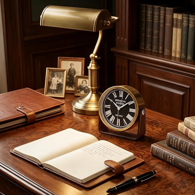 Analog Alarm Clock - 4.5" Silent Non Ticking Small Clock with Light, Rotatable Stand Metal Desk Clock Battery Operated, Simple Design for Living Room Decor/ Bedroom/Bedside/Shelf (Gold & Brown)