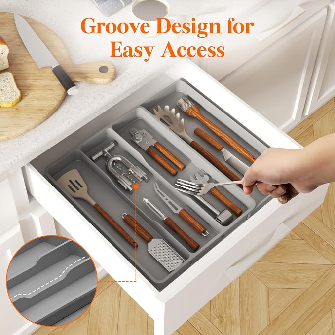 Lifewit Utensil Organizer for Kitchen Drawer, Expandable Cooking Silverware Tray, Adjustable Cutlery Flatware Holder, Plastic Spatula Tools Storage Divider, 17.3 x 15.8", Gray