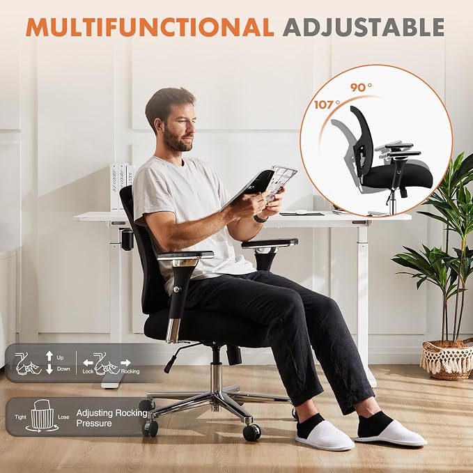 Sweetcrispy Big and Tall Office Desk Chair with Lumbar Support, 500lbs Heavy Duty Mesh Ergonomic Computer Chair with 4D Armrest and Wide Comfy Seat, Wheels for Adult, Black