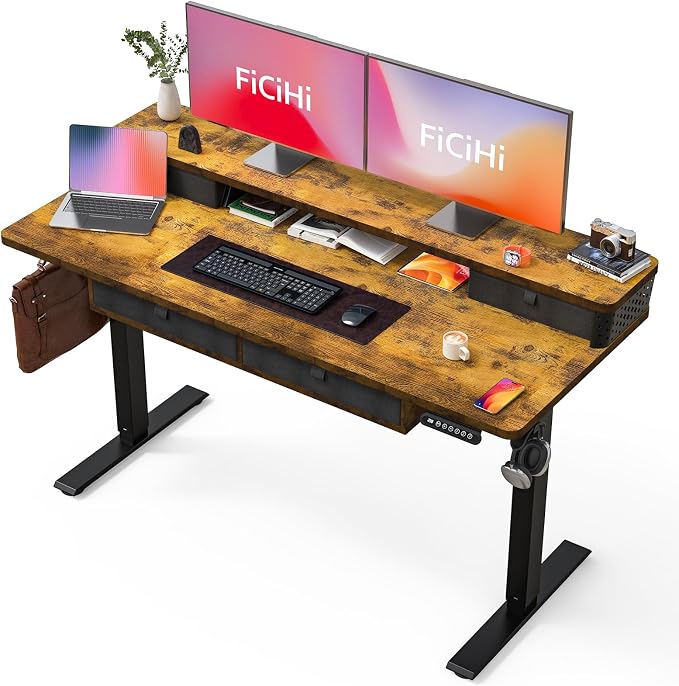 FiCiHi 55x24 Inch Electric Standing Desk, 4 Drawers, Adjustable Height Desk | Sit Stand Computer Desks, C-Clamp Compatible Home Office Desk with Monitor Stand, Cable Management, 3 Preset Heights