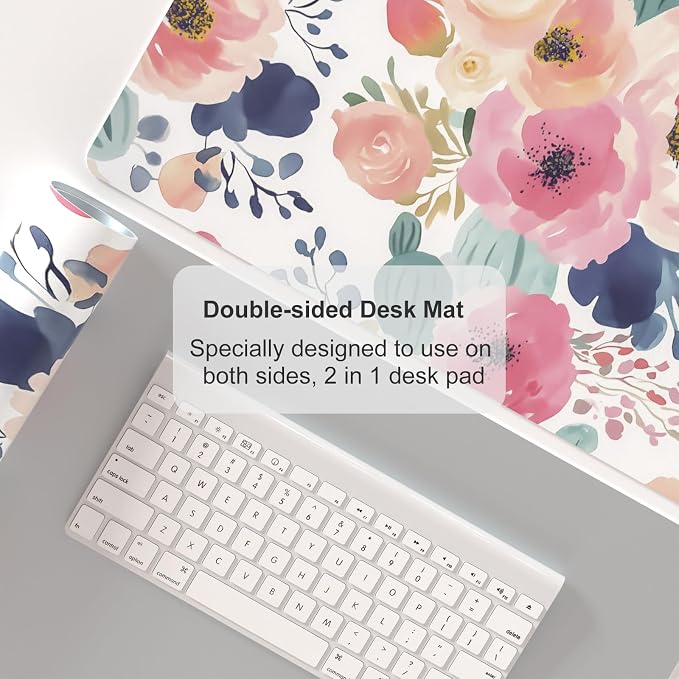 Colorful Star Large Mouse Pad, Pink Floral Desk Mat for Desktop, Women Girls PU Leather Waterproof Gaming Mousepad, Computer PC Laptop Protector Flowers Desk Pads for School Office Home 23.6" x 13.8"