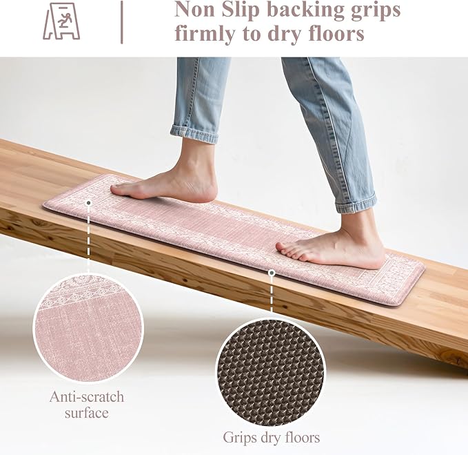 LEEVAN Anti Fatigue Kitchen Mats for Floor, Cushioned Kitchen Mat Set 2PCS | 17.3"x29"+17.3"x47", Boho Floral Pink Kitchen Rugs Non-Slip, Waterproof Ergonomic Standing Mats for Laundry, Office & Sink