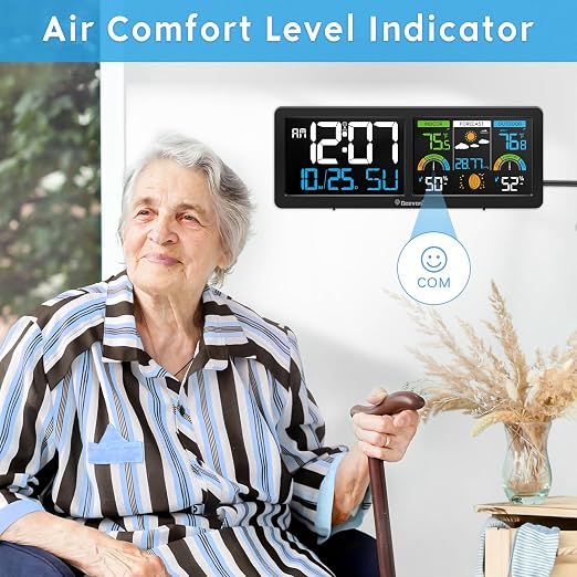 Geevon Weather Stations Wireless Indoor Outdoor Thermometer with Atomic Clock, HD Color Display Digital Temperature Humidity Monitor with Barometer, Comfort Indicator, and Adjustable Backlight
