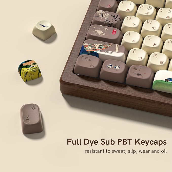 Womier Japanese Keycaps Set 130 Keys MOA Profile for Mechanical Keyboards, Brown Beige Custom PBT Keycaps Set, Dye Sub Side Print, 60 65 75 100 Percent for US Layout Mechanical Keyboard (Fuji)