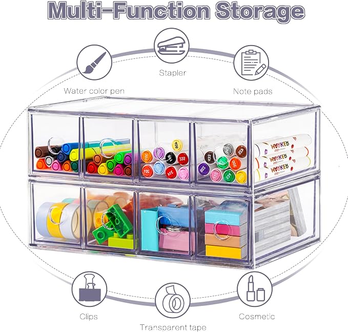 Desk Organizer with 8 Drawers, 2-Pack Stackable Desktop Storage Box | Clear Sunglasses Organizer, Display Case, Removable Drawers, For Stationery, Markers, Pens, Eyeglasses, Office Supply