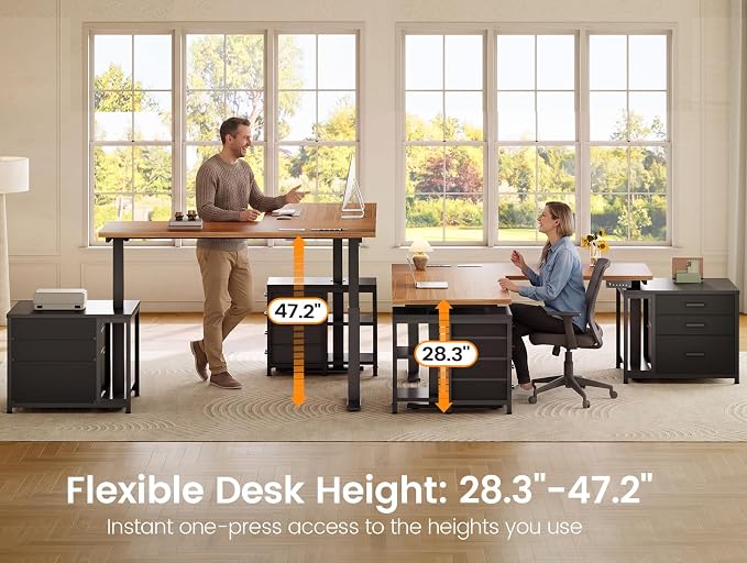 SEDETA 63" L Shaped Electric Standing Desk, Height Adjustable Corner Desk with 7 Fabric Storage Drawers & Power Outlet, 3 Memory Heights, 200lbs Capacity for Home Office Gaming, Black + Brown