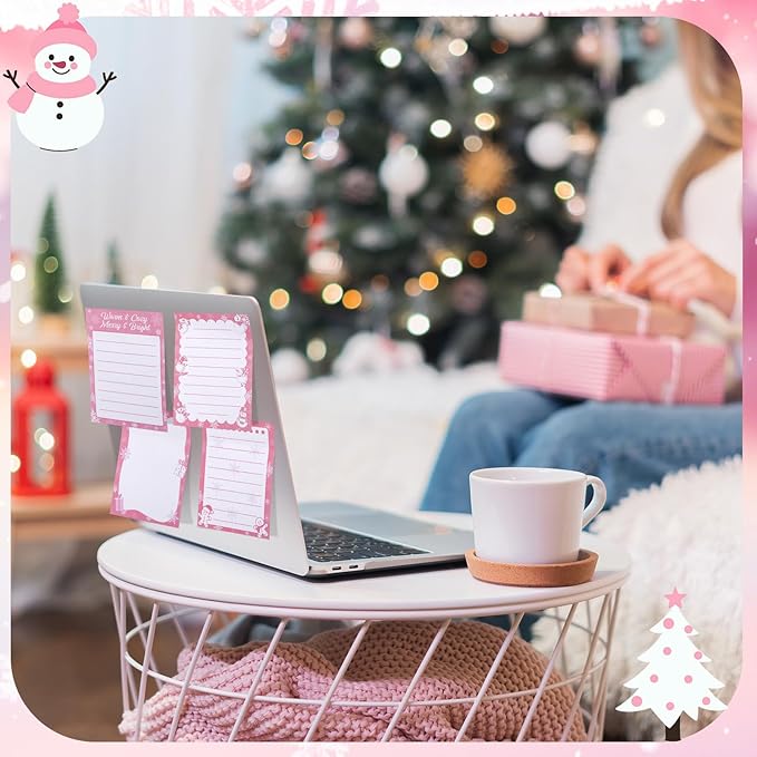 12 Pcs Christmas Sticky Notes Pink Christmas Notepad Santa Snowflake Snowman Self Adhesive Memo Pads Xmas Gift Cute Decorative Notepad Winter Party Favor for Office Winter Holiday Gift