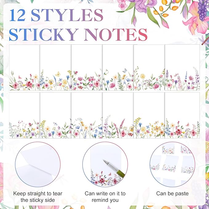 12 Pads Wildflower Sticky Notes Flower Sticky Notes 3 x 4 Inches Floral Notepad Cute Summer Adhesive Memo Reminder Floral Memo Pads Flower Notepads for Women Journal Office Spring Gifts