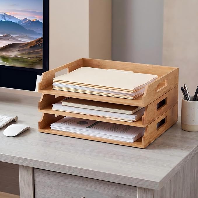 3 Pcs Stackable Paper Tray Bamboo Wood Desk Organizer Letter Tray 3 Tier Wooden File Organizer Desk Shelf for Documents, Letter Sorter, Envelopes and Magazine Holder