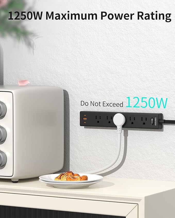 HOPOW Flat Plug Power Strip, 15FT Ultra Thin Flat Extension Cord, Surge Protector with 5 Outlets & 3 USB Ports (2 USB C), 1700 Joules, 3-Prong, Wall Mount for Home Office Dorm, Black