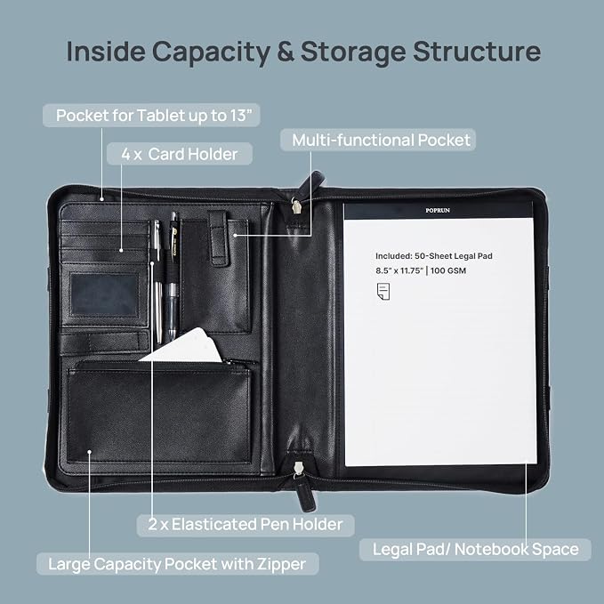 POPRUN Padfolio Portfolio with Handle, PU Leather Business Organizer Binder with 50 Sheet Notepad, Tablet Document Card Holder for Meeting Interview Office, Black
