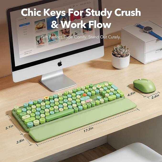 Wireless Keyboard and Mouse Combo, Cute Retro Typewriter Keyboard with Round Keycaps, Full-Size Aesthetic Keyboard with Magnetic Wrist Rest, 2.4G USB for Windows/Mac Desktop Laptop (Green Multi-Color)