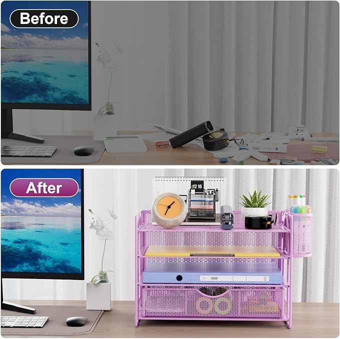 Marbrasse Desk Organizer, 4-Tier Paper File Letter Tray, Purple-2P | Sturdy Paper Tray, File Holder, Built-in Drawer, 2 Pen Slots, fits Letters/Files, for School Home Office Supplies