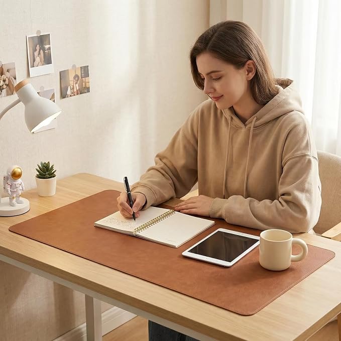 Leather Desk Mat, Non-Slip Table Protector Surface with Round Edge, Heat Resistant & Waterproof Desktop Writing Pad for Home and Office (11"*24"),Brown