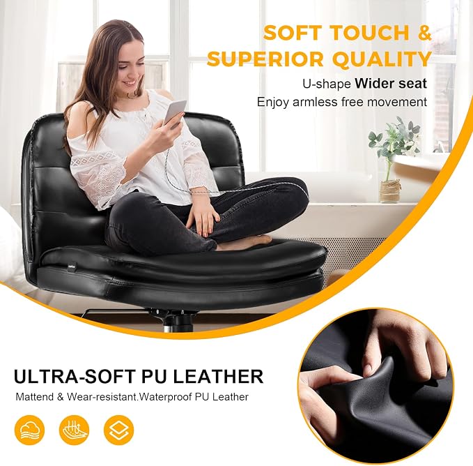 COMHOMA Criss Cross Chair with Wheels Armless Cross Legged Office Chair Wide Home Office Desk Chair Swivel Comfy Vanity Desk Chair Height Adjustable Mid Back Wide Seat Computer Task Chair