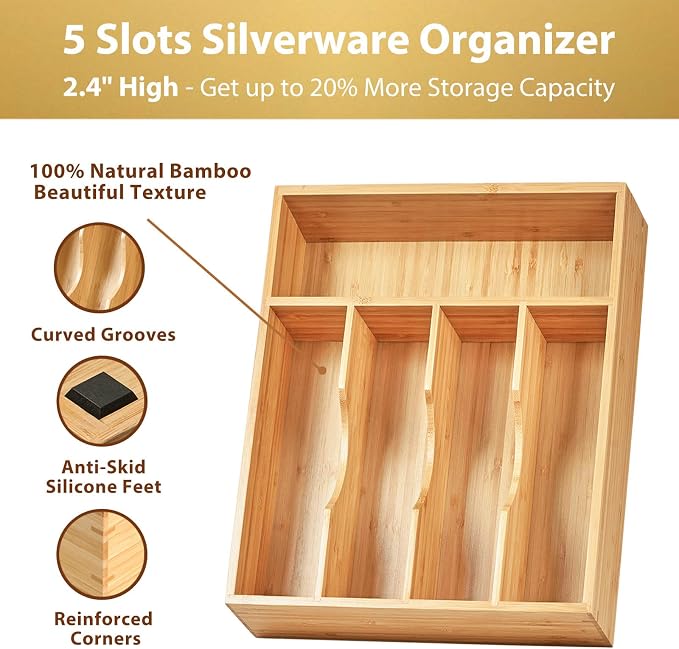 Bamboo Kitchen Drawer Organizer, 11 Inch Silverware Utensils Tray Holder with Grooved Dividers, 2.4" High Wood Caddy for Flatware Cutlery Knives
