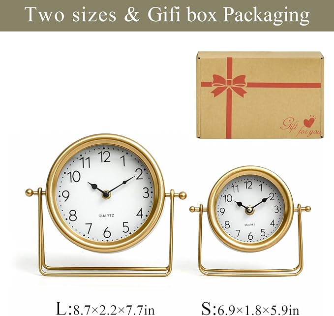 EMAX HOME Vintage Golden Table Clock - Elegant Battery Operated Office, Living Room, and Bedroom Clock with Minimalist Design Gold Table Decor 22x19.5x5.5cm