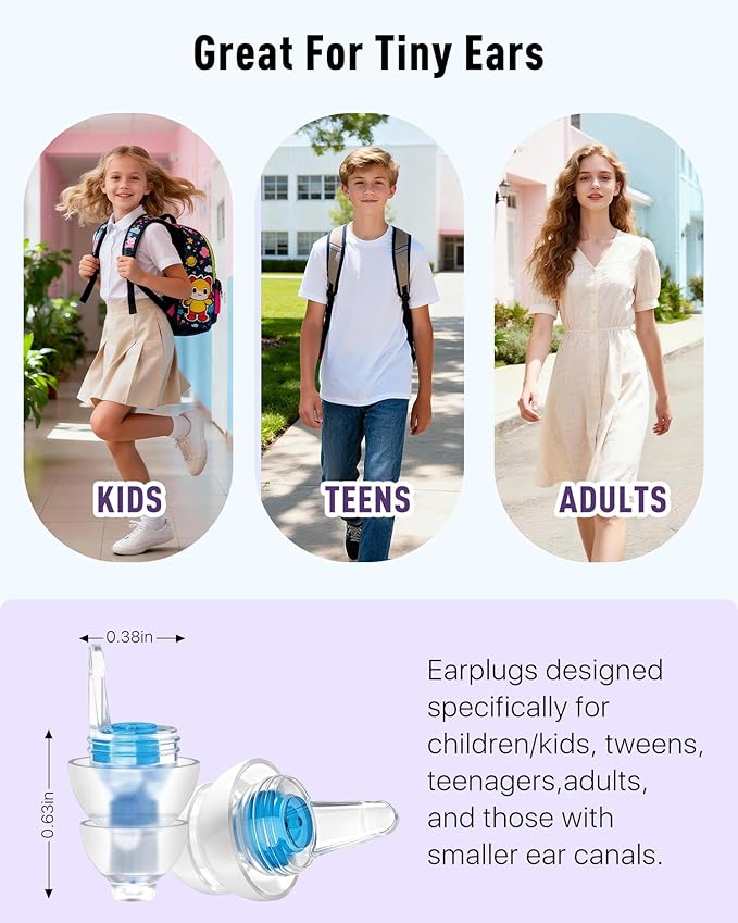 Kids Ear Plugs (6-12 yrs), Reusable Noise Relief Earplugs for Child Adult with Small Ear Canals - Kid Ear Protection for Focus, Fly, Concerts, Socializing, Events, Noise Sensitivity – 2 Pairs, 25 dB