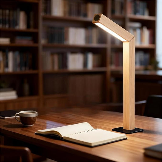 Wooden Desk Light ，Dimmable Desk Lamp for Home Office with USB Wireless Charging Port ，Touch Control RotatableDesk Adjustable Night Light(Beech Wood)