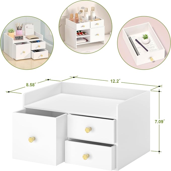 Bamboo Desk Organizer - Stackable, No Assembly Required, Ideal for Office/Home Use - Perfect for Toiletries, Stationery, Accessories. (White, Square drawer to the left of the fence)