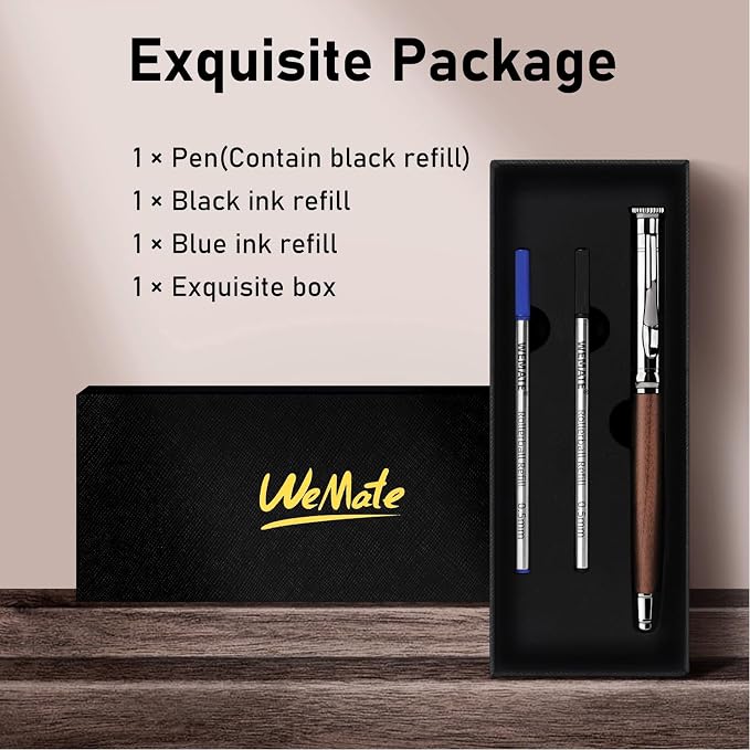 WEMATE Wood Rollerball Pen Set, Extra 2 Ink Refills(1 Black & 1 Blue), Fancy Writing Pen Nice Luxury Office Gift for Men, Professional and Executive, Cool Wooden Pen for Journaling - Red Padouk