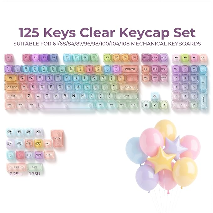 OHY XVX Macaron Balloon Pastel Gradient Transparent Keycaps, MOA Profile 125 Keys PC Shine-Through Keycaps for MX Mechanical Keyboards