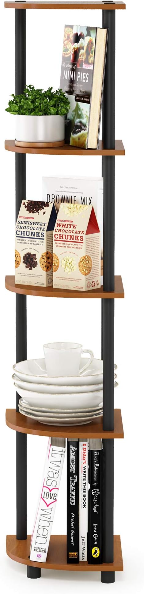 Furinno TURN-N-TUBE Corner Shelf, 5-Tier Corner Bookshelf, Open Storage Shelves, for Organization and Storage, Living Room, Home Office, Garage, Bedroom, Light Cherry