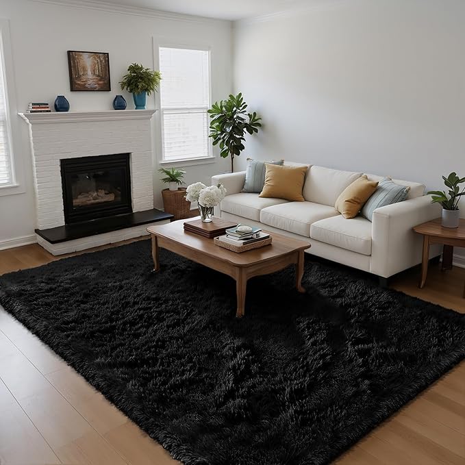Fluffy Rug Shag Area Rug, Black 5x8 Area Rugs for Bedroom, Small Bedside Rug, Soft Fluffy Shag Entryway Throw Rugs for Living Room Bedroom Room Home Decor