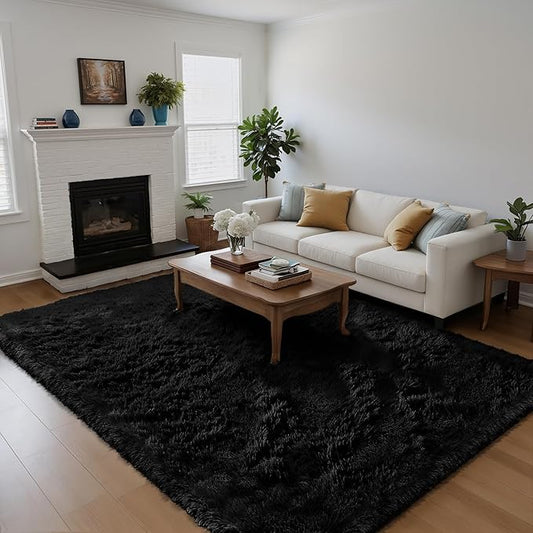 yongyangjuxin Fluffy Rug Shag Area Rug, Black 6x9 Area Rugs for Living Room, Large Shag Area Rugs for Bedroom Room Home Decor, Upgrade Anti-Skid Rectangular Fuzzy Rugs